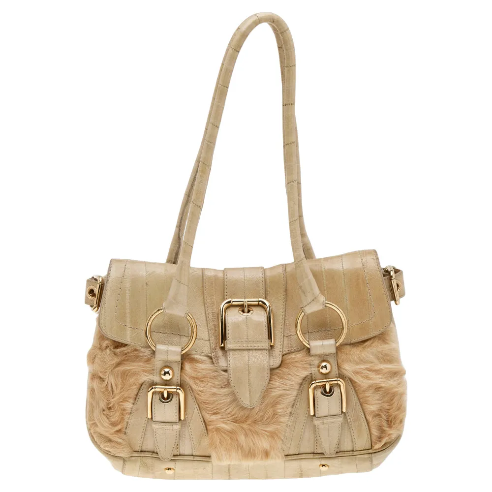 Beige Eel Leather and Fur Satchel