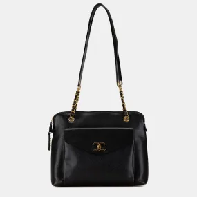 Black Caviar Leather Front Pocket Chain Tote Bag