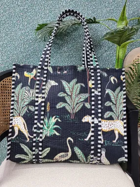 Black Jute Handblock Printed Tote Bag Without Zip Or Button