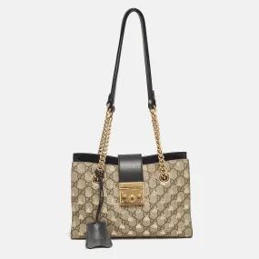 Black/Beige GG Supreme Canvas and Leather Small Padlock Bee Tote