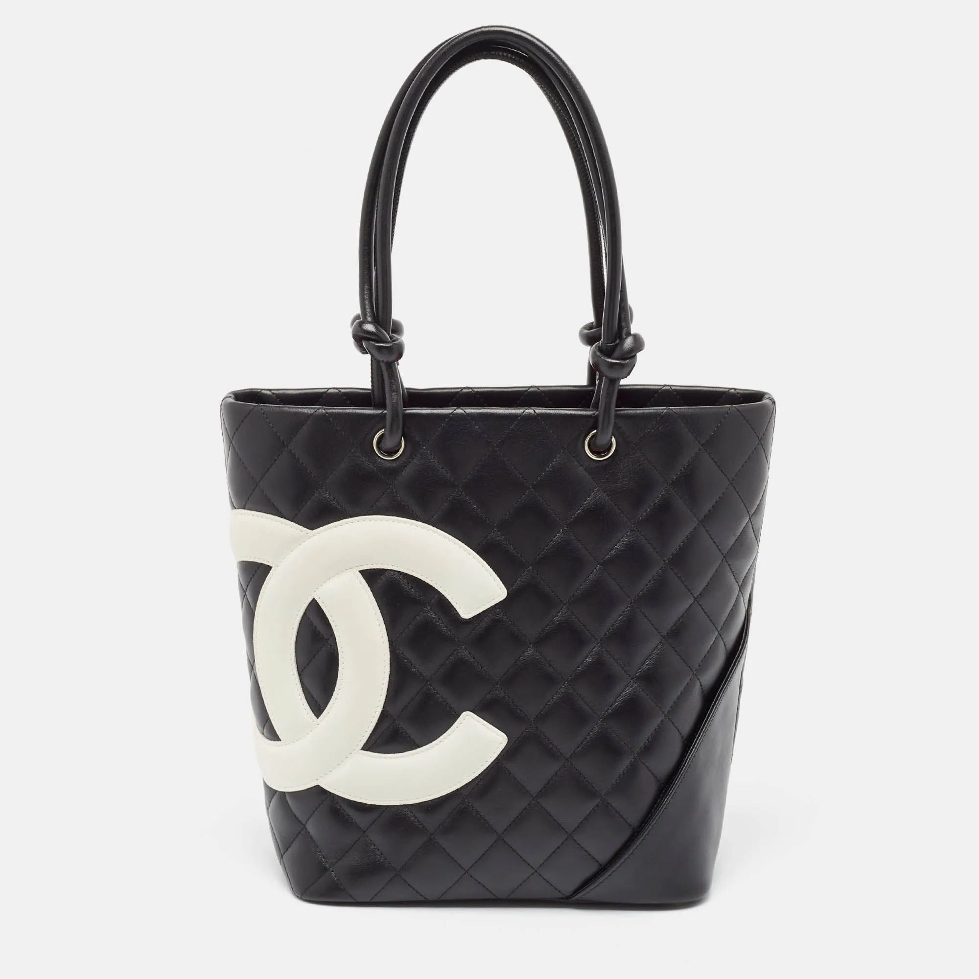 Black/White Quilted Leather Medium Ligne Cambon Bucket Tote