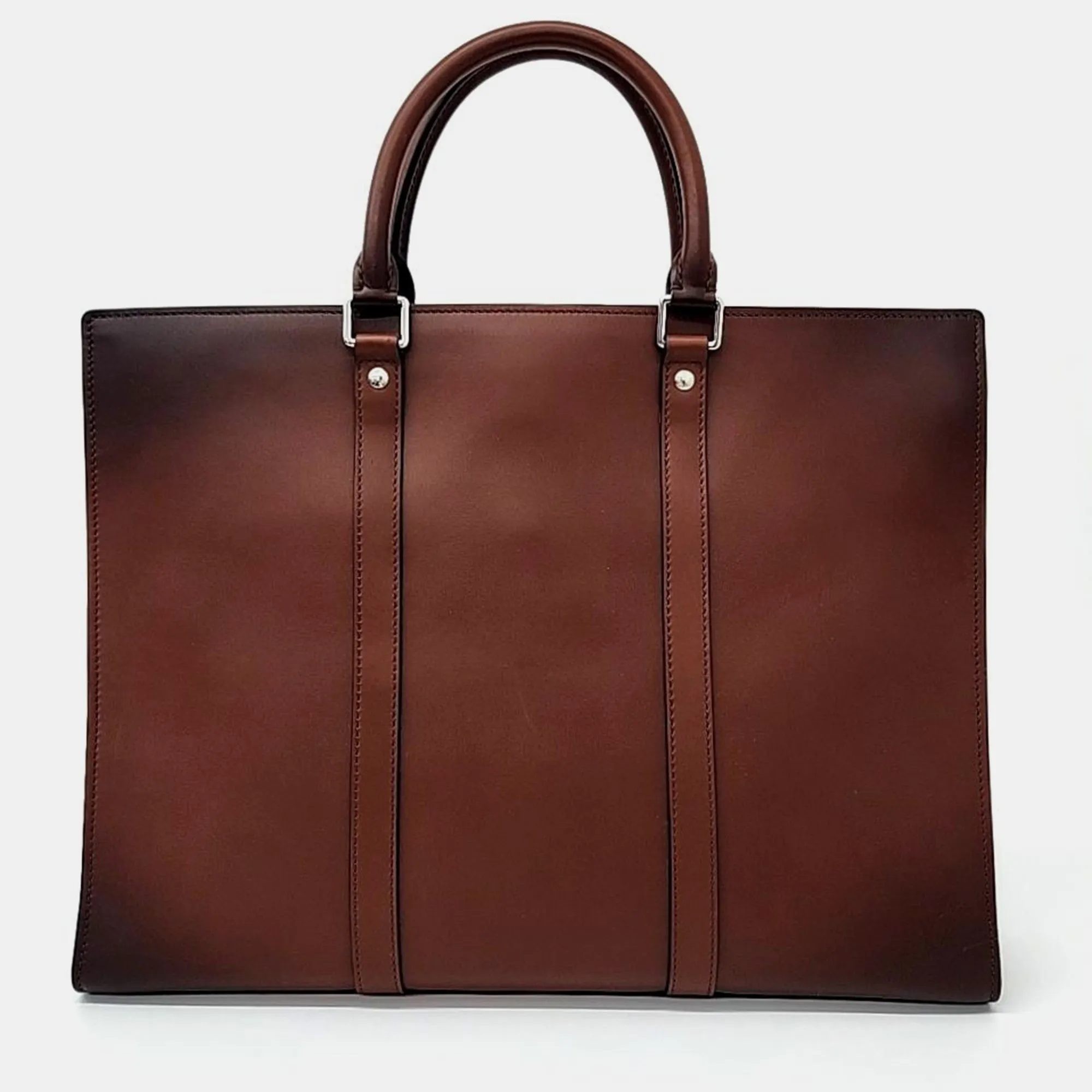 Brown Leather Sac Plat Horizontal Zipper Tote Bag