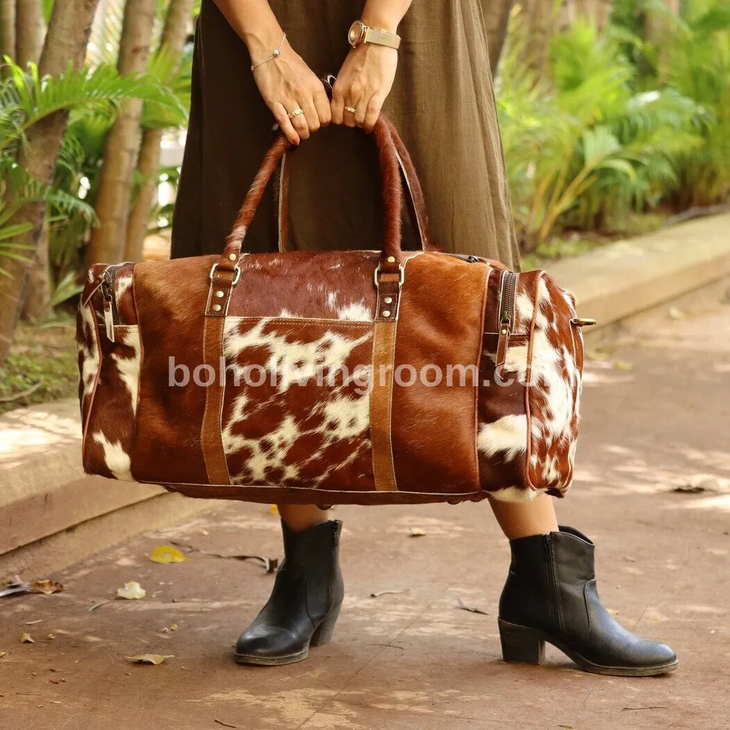 Brown White Cowhide Duffle Bags