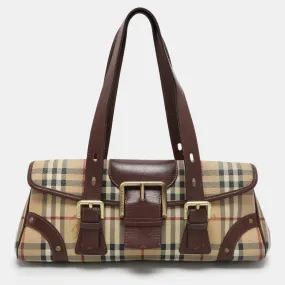 Brown/Beige Haymarket Check Coated Canvas and Leather Buckle Flap Satchel