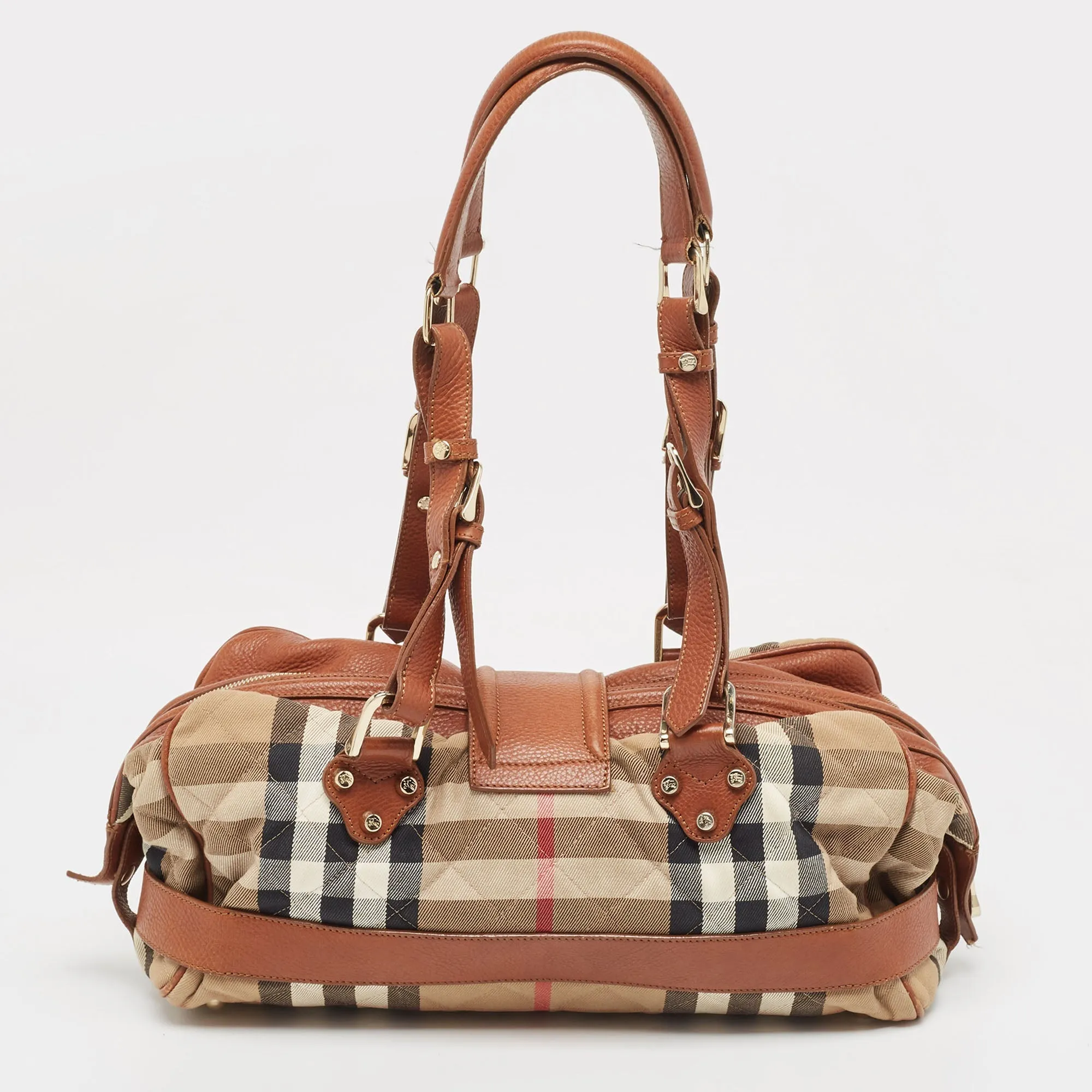 BURBERRY Brown/Beige Quilted House Check Canvas and Leather Buckle Satchel