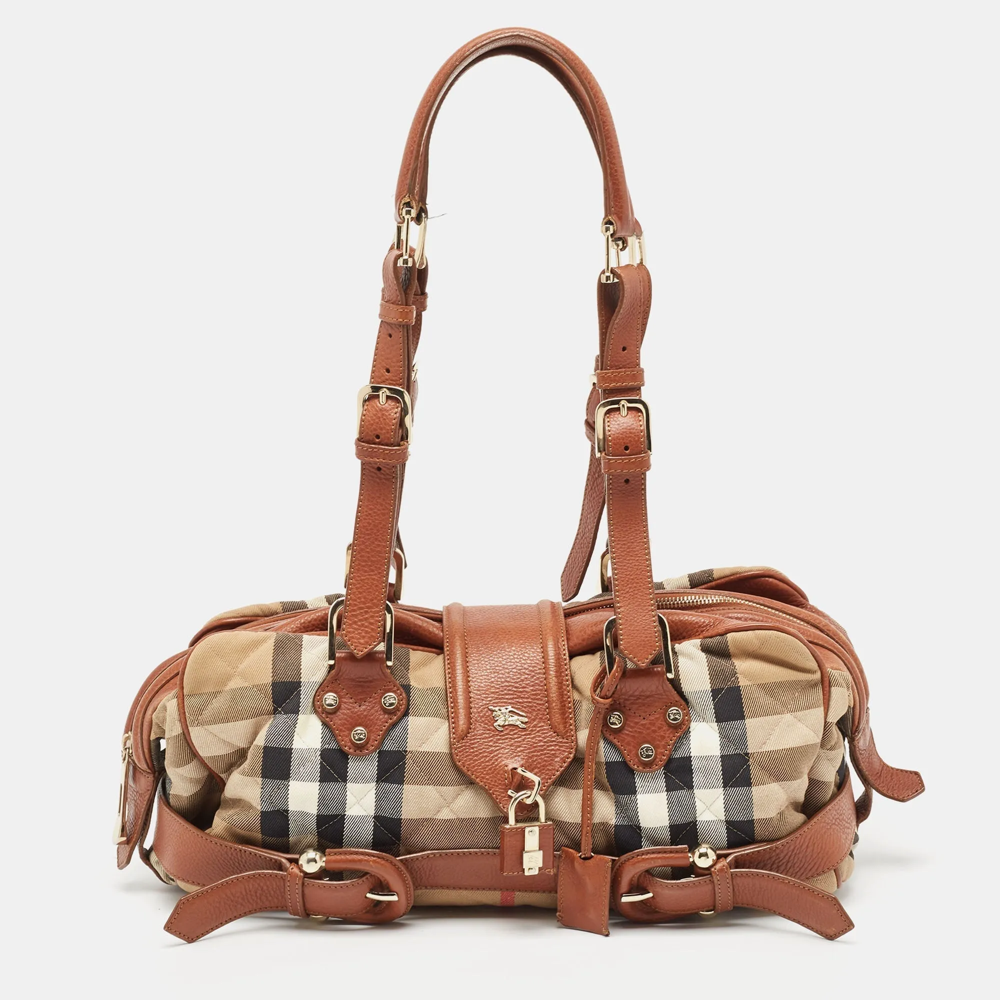 BURBERRY Brown/Beige Quilted House Check Canvas and Leather Buckle Satchel