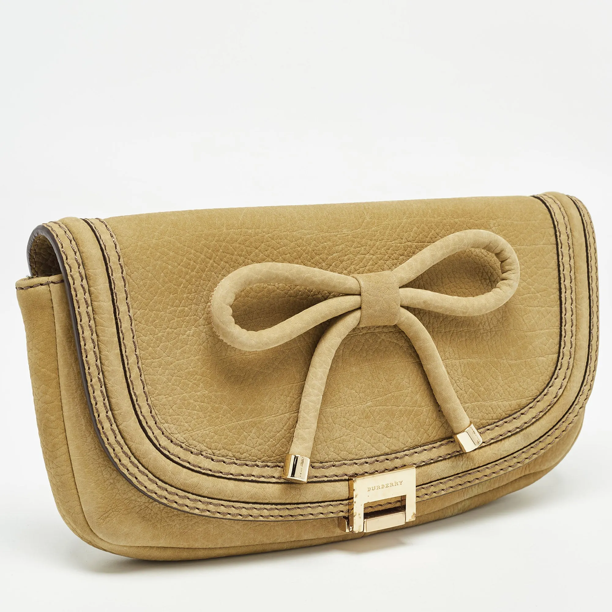 BURBERRY Green Nubuck Leather Bow Flap Clutch