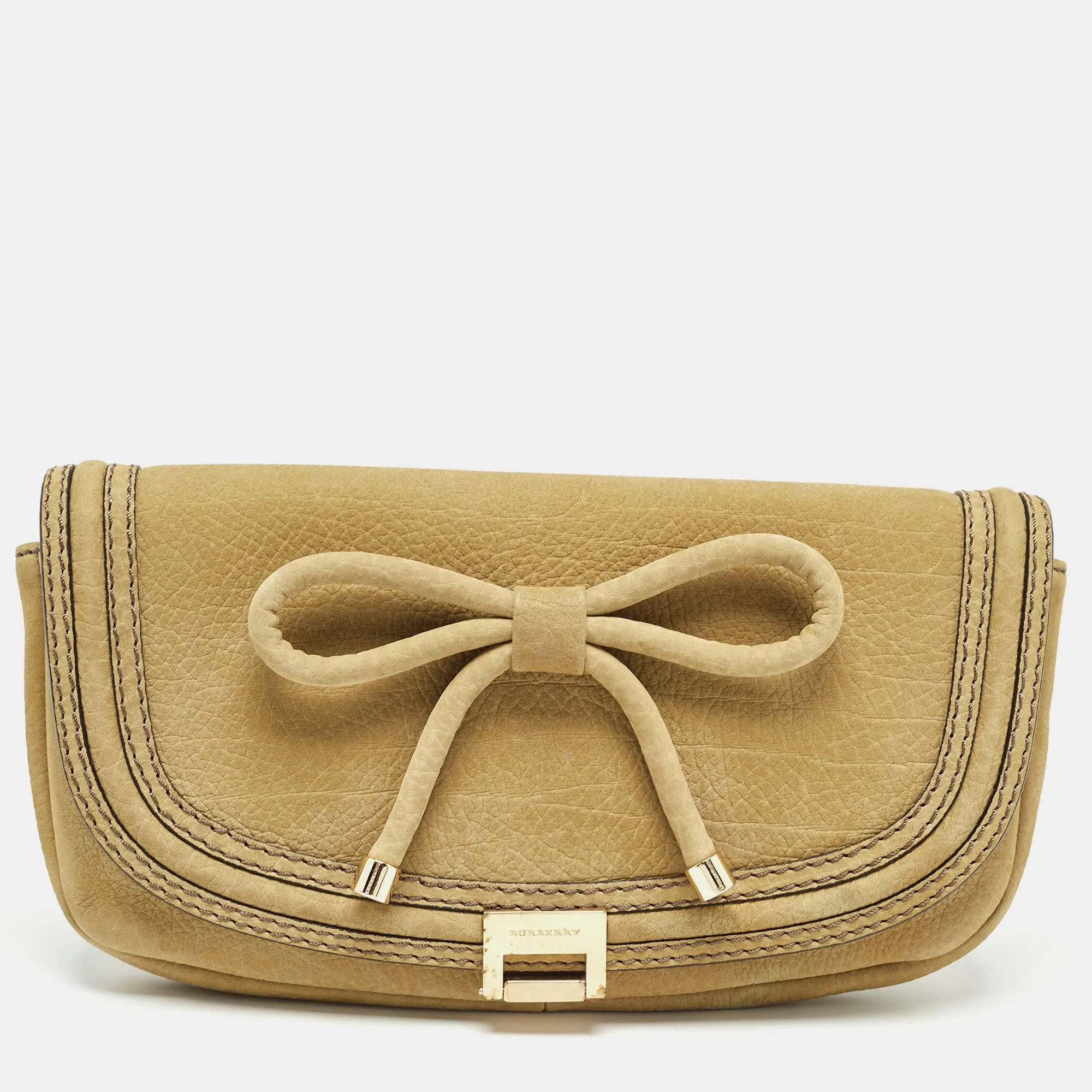 BURBERRY Green Nubuck Leather Bow Flap Clutch