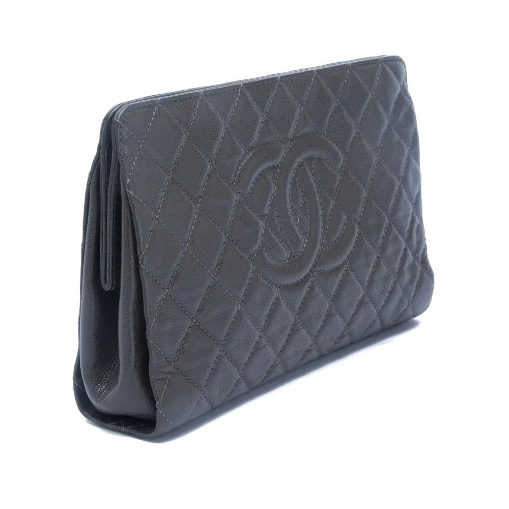 Chanel Grey Quilted Caviar Timeless CC Large Frame Clutch Bag