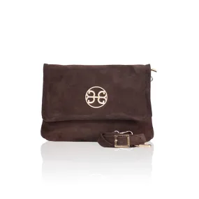 Clelia Large Suede Leather Shoulder Bag - Chocolate