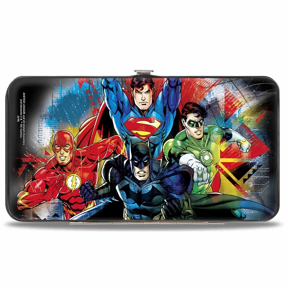 Hinged Wallet - Justice League 4-Superhero C U Group Pose Splatter Black Multi Color