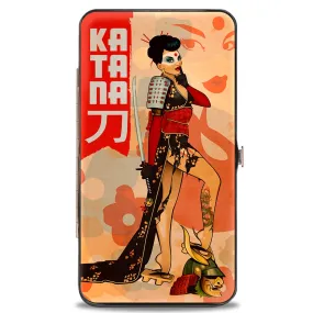 Hinged Wallet - KATANA Bombshell Pose Silhouette Face Flowers Tan Reds