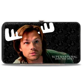 Hinged Wallet - SUPERNATURAL Sam Moose   Dean Sqirrel Poses Scattered Symbols Black Gray White