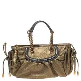 Metallic Olive Green Leather Tassel Satchel