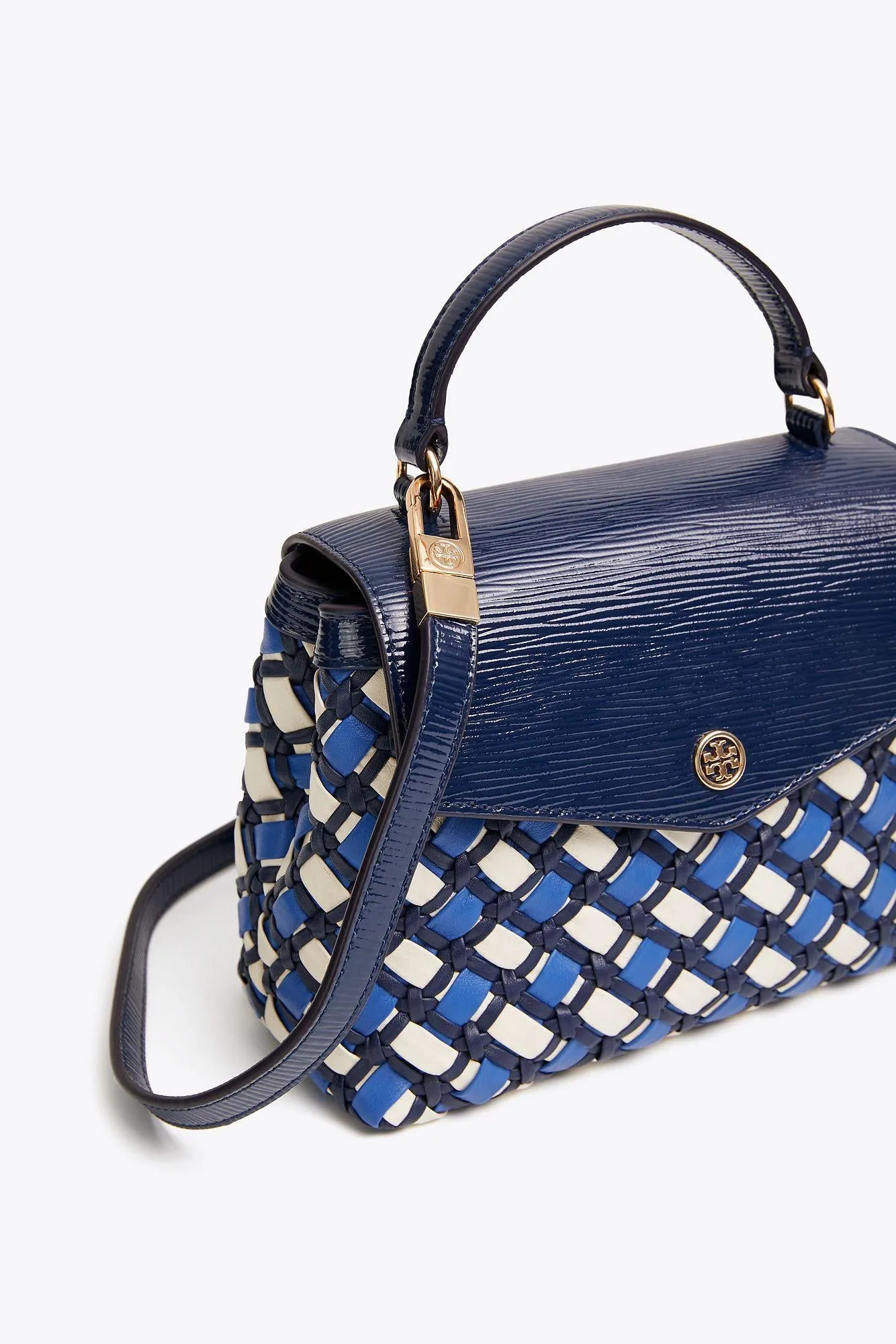 Tory Burch Royal Navy Robinson Woven Small Top-Handle Satchel