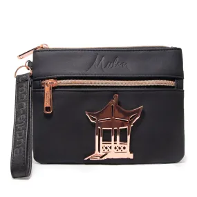 Women's Wallet Double Pocket Wristlet - Mulan Script Debossed Black with Castle Emblem Rose Gold