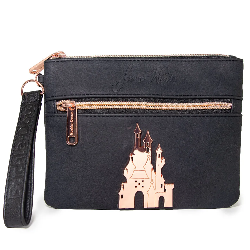 Women's Wallet Double Pocket Wristlet - Snow White Script Debossed Black with Castle Emblem Rose Gold