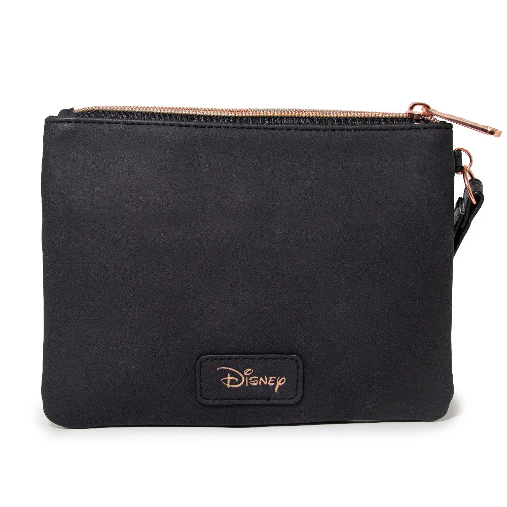 Women's Wallet Double Pocket Wristlet - Snow White Script Debossed Black with Castle Emblem Rose Gold