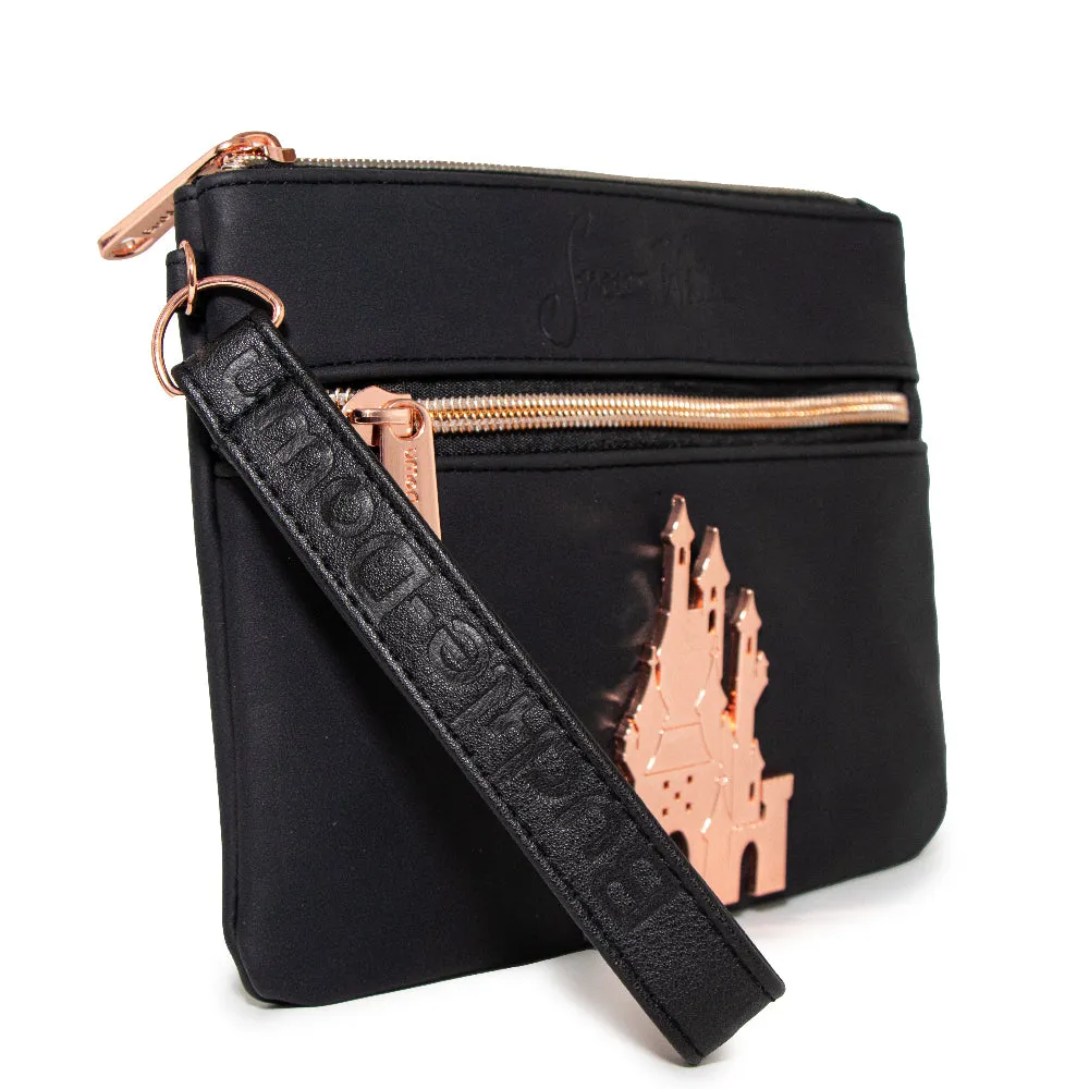 Women's Wallet Double Pocket Wristlet - Snow White Script Debossed Black with Castle Emblem Rose Gold