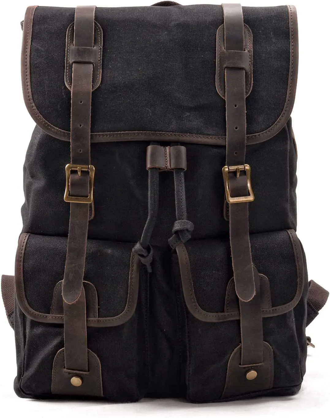 WUDON Travel Leather Backpack for Men - Travel Leather Backpack Vintage Canvas Shoulder Rucksack for School Flight Hiking