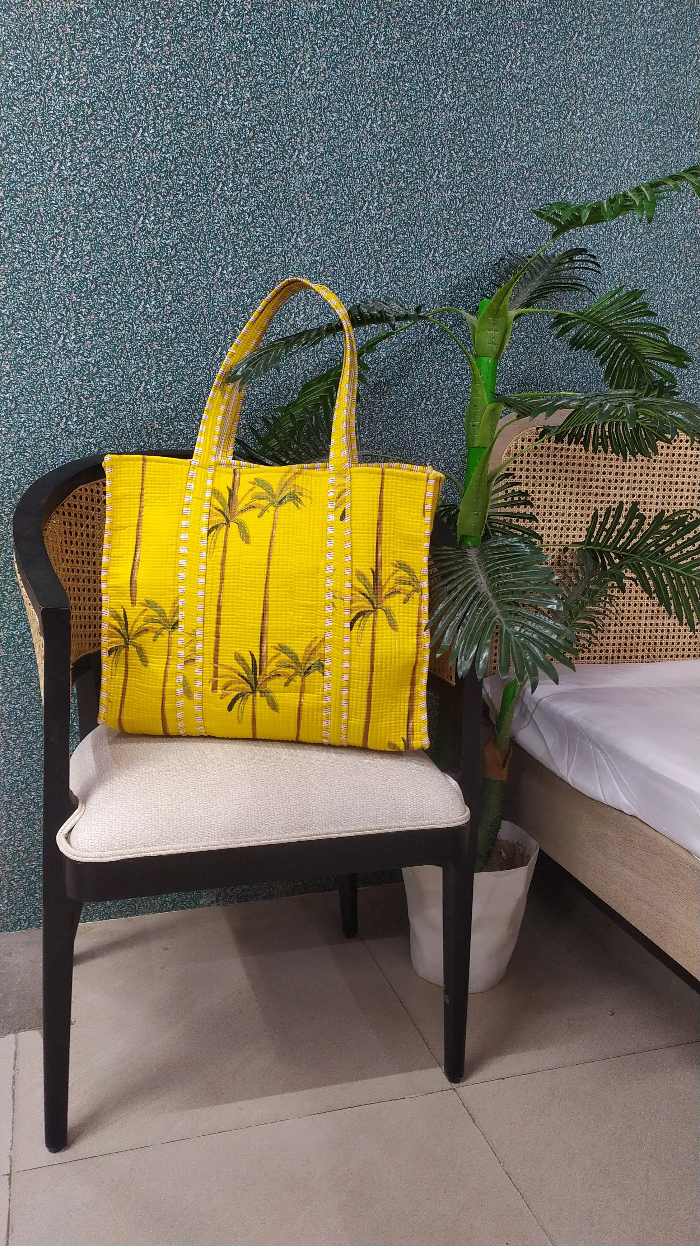 Yellow Jute Handblock Printed Quilted Tote Bag Without Zip