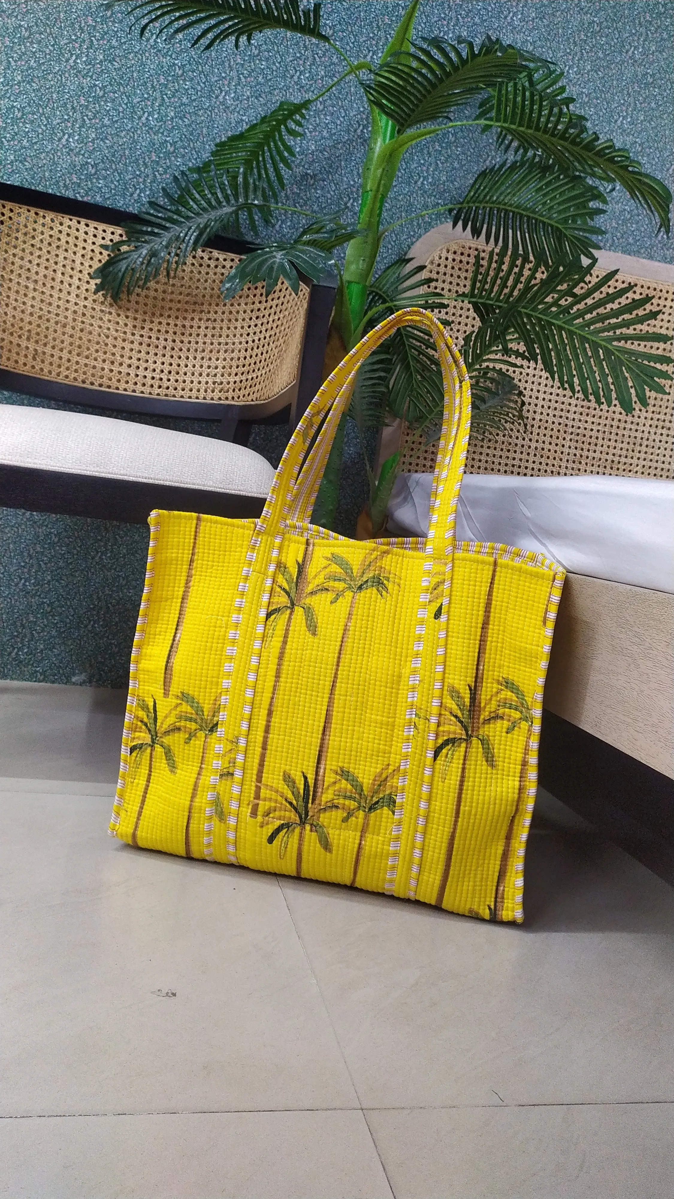 Yellow Jute Handblock Printed Quilted Tote Bag Without Zip